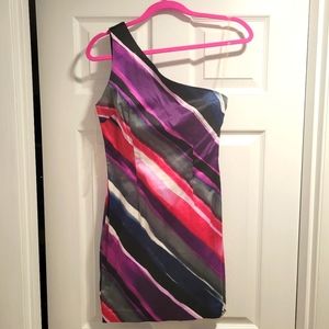 Black, red, purple one shoulder mini dress